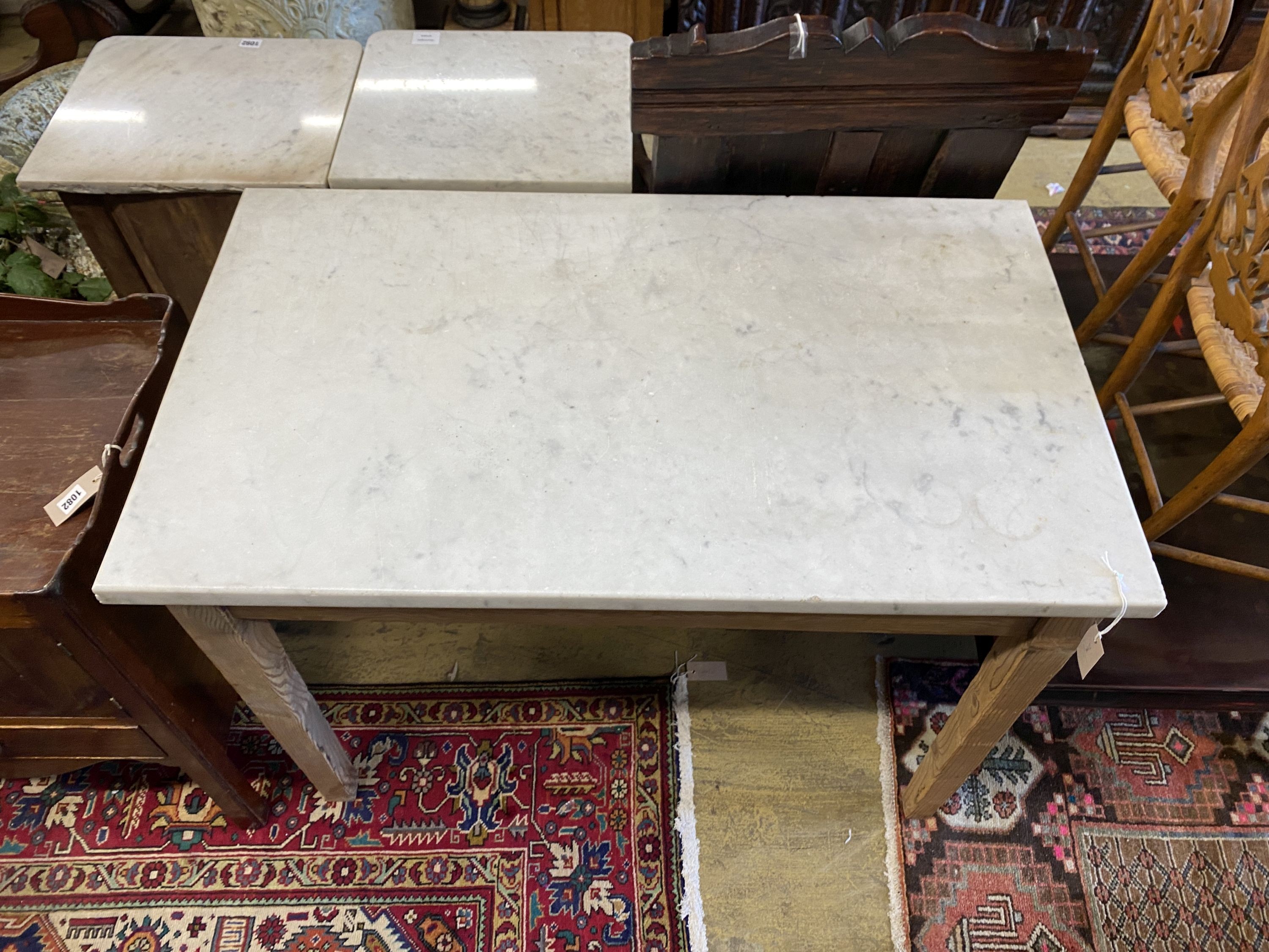 A Victorian rectangular pine marble top table, fitted drawer, width 101cm, depth 59cm, height 78cm